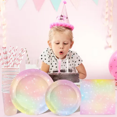 Miniatura 3 de Recheel Suministros de decoración para fiesta de cumpleaños de pastel, juego de platos de papel y servilletas de temática arcoíris con vasos