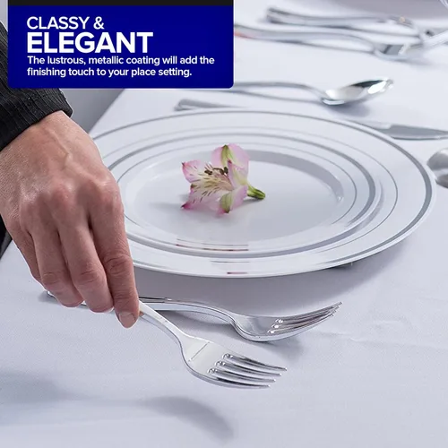 Miniatura 5 de Juego de cubiertos de plástico resistente (plateado) de 75 piezas, juego de cubiertos desechables, ideal para fiestas, bodas y catering, cubiertos