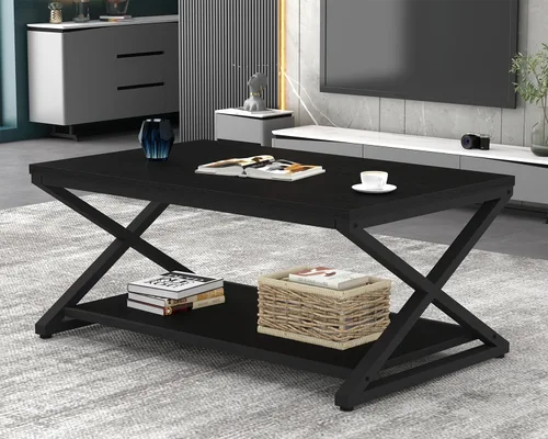 Miniatura 5 de HSH Mesa de sala de estar de madera de metal minimalista moderna negra con estante de almacenamiento, mesa central rectangular de 39 pulgadas y 2
