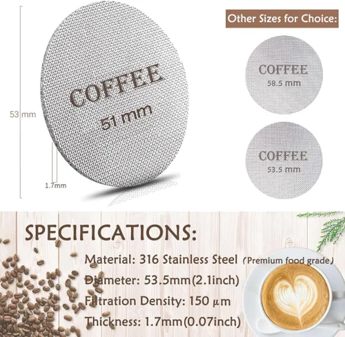 Miniatura 2 de Pantalla de disco de 2.008 in reutilizable para portafiltros de espresso, 0.067 in de grosor 150μm 316 de acero inoxidable filtro de pantalla
