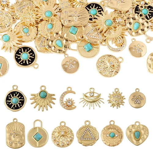 Miniatura 18 de Craftdady Pendientes colgantes de elefante dorado con suerte - Dijes de Jesús en oro antiguo, peces, hojas budistas, ojos malvados, amuletos