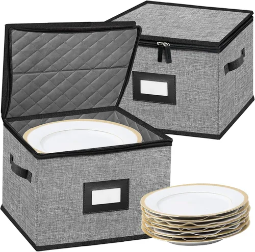 Contenedores de Almacenamiento de Vajilla de Porcelana - Contenedores de Almacenamiento de Platos Acolchados con Tapa de Carcasa Rígida para Mudanza