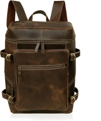 Miniatura 9 de HLC Mochila de cuero genuino para computadora portátil para hombres y mujeres, mochila genuina de gran capacidad, para negocios, retro, viajes