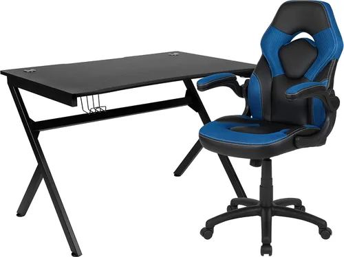 Miniatura 52 de Flash Furniture Juego de escritorio para juegos negro y silla de carreras blanco/negro con soporte para tazas, gancho para auriculares y soporte