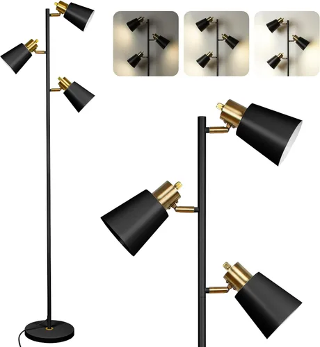 Miniatura 11 de Lámpara de pie estilo árbol LALISU para sala de estar, lámpara de pie industrial de 3 luces con 3 bombillas LED, cabezas giratorias ajustables