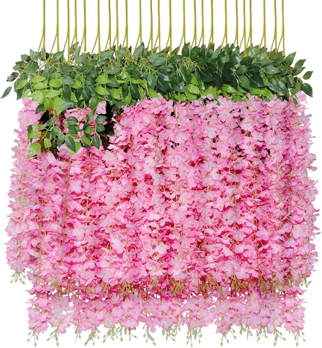 U'Artlines - Flores de seda para colgar, en vid artificial, tipo Wisteria, guirnalda colgante, para decorar fiesta, el hogar, boda, muy largas y Rosa