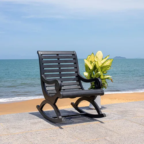 SAFAVIEH Silla mecedora Sonora para exteriores, color negro, madera maciza, diseño de listones británicos de transición, ideal para patio, terraza,