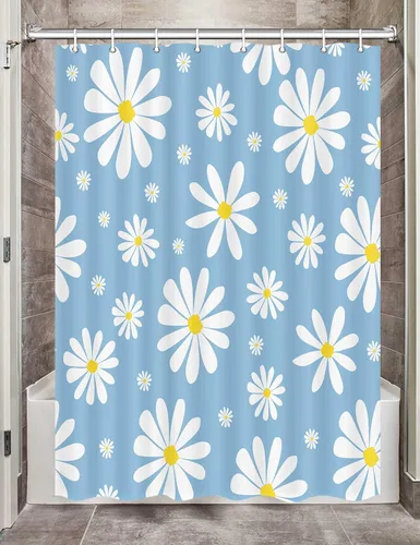 Cortina de ducha con diseño floral de margaritas azules para caravana, remolque, baño, lindo juego de cortinas de ducha de tela estrecha y corta