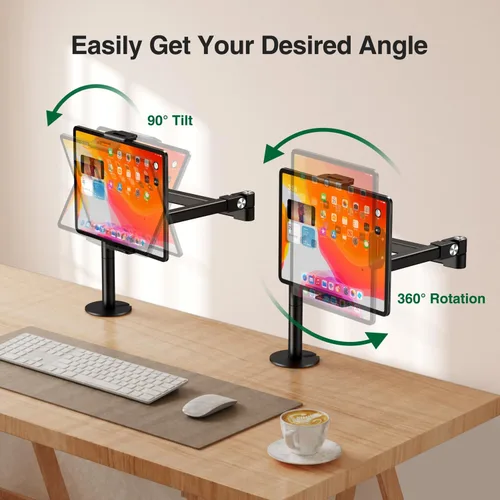 Miniatura 5 de elitehood Soporte de escritorio para iPad de brazo largo con base de montaje con ojales, soporte de aluminio resistente para tableta, soporte