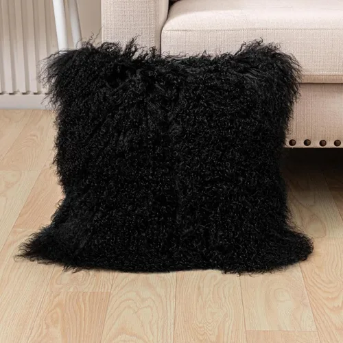 Miniatura 8 de Funda de almohada de piel de cordero mongol tibetano, 100% piel de oveja real, rollo de lana de cordero, cuadrada, decorada para sala de estar, Negro