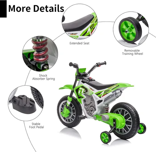 Miniatura 5 de Bicicleta de Dirt Eléctrica para Niños Batería de 12V Motocicleta Eléctrica Alimentada por Batería para Niños Juguete de Montar Motocicleta Verde 3