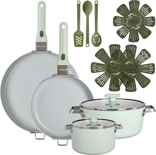 GoodCook Juego de utensilios de cocina de cerámica de 14 piezas con asas extraíbles, ollas y sartenes antiadherentes, aptos para inducción y horno,