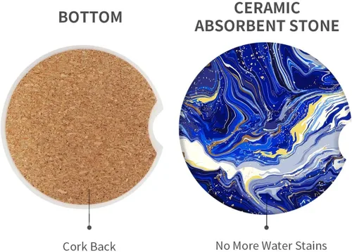 Miniatura 2 de Britimes Posavasos absorbentes para automóvil para bebidas, paquete de 2 portavasos, piedra de cerámica de 2.56 pulgadas y base de corcho Azul