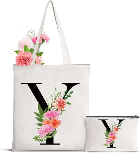Miniatura 17 de Bolsa de lona con letra inicial personalizada, regalo para el día de la madre, damas de honor, novia, cumpleaños, boda Flower-D