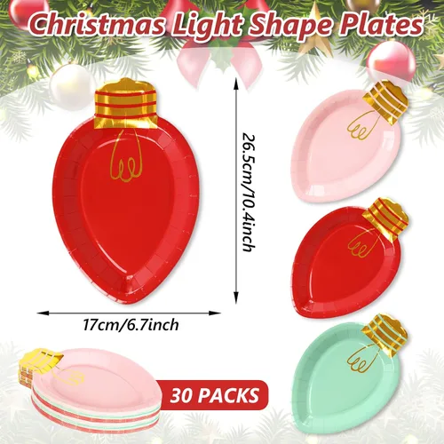 Miniatura 2 de Whaline 30 platos de papel de Navidad con forma de luces desechables para cena y fiesta, vajilla de vacaciones para postres ensaladas, aperitivos