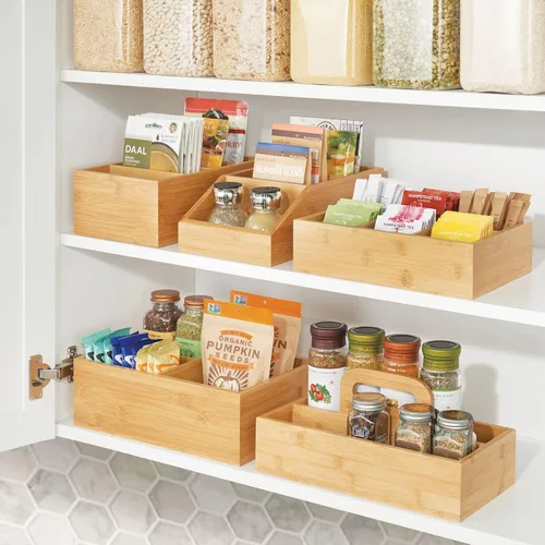 Miniatura 7 de mDesign Caja organizadora de bambú para almacenamiento de té y alimentos, estuche de madera para bolsas de té, café, aperitivos, azúcar