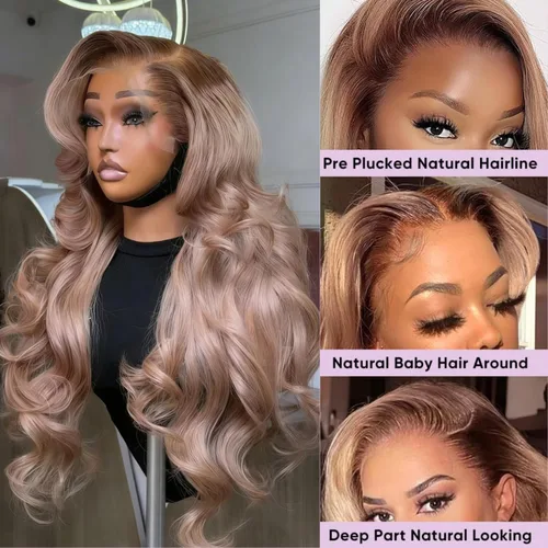 Miniatura 2 de Pelucas de cabello humano rubio ceniza de 26 pulgadas con raíces castañas ombré, color rubio ceniza, ondulado, 13 x 6, peluca de cabello humano