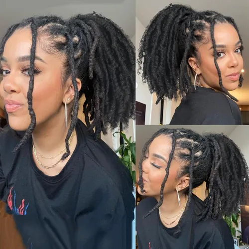Miniatura 6 de Extensiones de cola de caballo de rastas para mujer, cola de caballo con cordón negro con extremos rizados, rastas sintéticas de diosa, extensiones