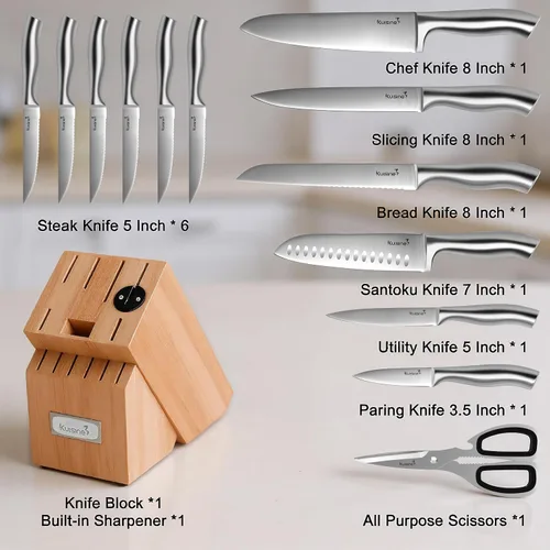 Miniatura 2 de Kuisine Juego de Cuchillos de Chef Afilados Mejorados con Bloque, Moldeado de Una Pieza de Acero Inoxidable de Alto Carbono Forjado, Juego de Bloque