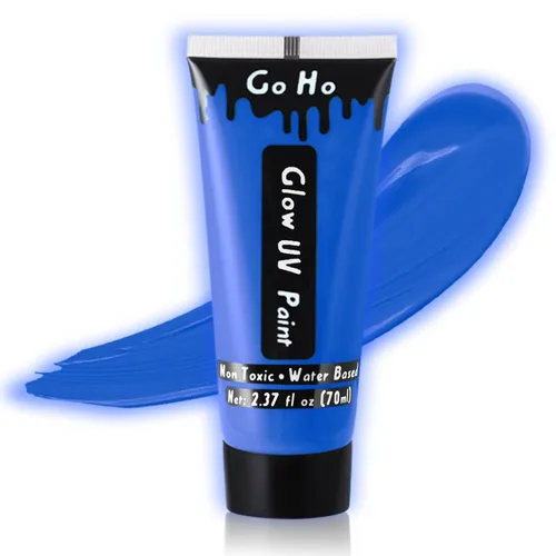 Go Ho Pintura corporal azul neón lavable (2.37 onzas, 2.4 fl oz), pintura facial neón con luz negra UV, pintura facial azul fluorescente a base de