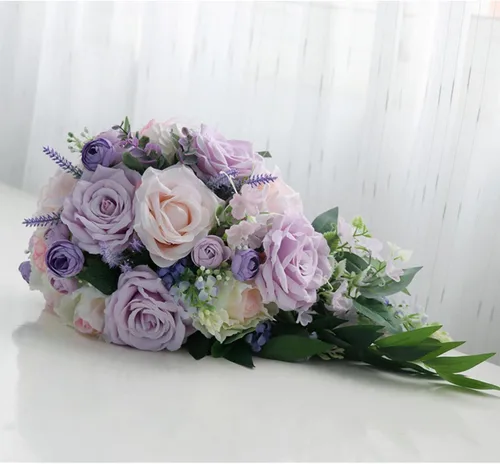 Miniatura 7 de MOJUN Ramos de boda para novia, rosa morada, taro, gota de agua, ramo de novia en cascada para novia, ramo de novia en cascada para ceremonia de F