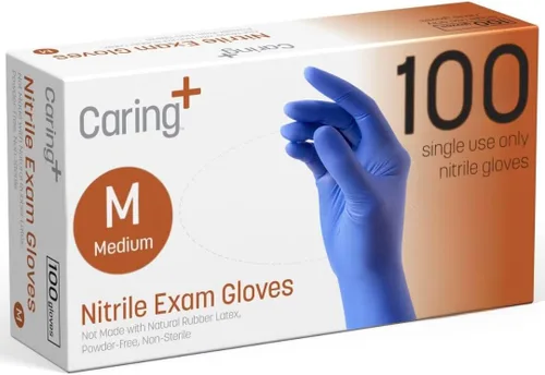 Miniatura 7 de Guantes de examen de nitrilo Caring, azules, sin polvo, guantes desechables para atención médica, primeros auxilios, limpieza, preparación de Small