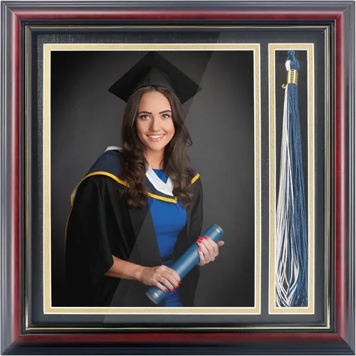 Miniatura 8 de GMFrames Marco de caja de sombra de fotos de graduación con soporte de borla para fotos de 4 x 6, vidrio real de madera maciza, doble paspartú negro
