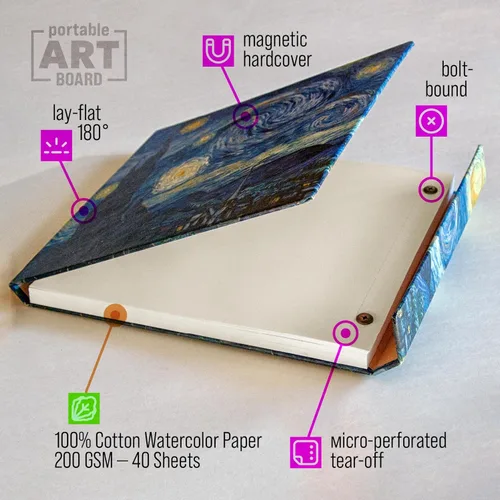 Miniatura 2 de Bloc de papel para acuarela, tapa dura magnética, papel de acuarela 100% algodón, prensa en frío de 200 GSM, 40 hojas, cuaderno de bocetos de Noche