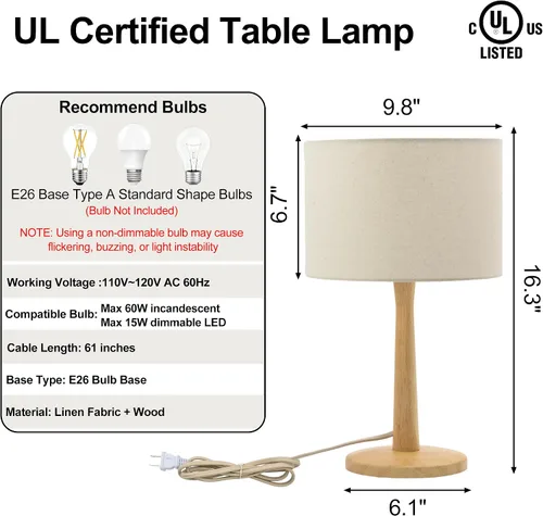 Miniatura 9 de Lámpara de mesa de madera natural maciza de 16.3 pulgadas con pantalla de tambor de lino para sala de estar, lámpara de mesita de noche regulable