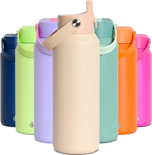 Miniatura 53 de Elemental Botella de agua aislada de 24 onzas con popote, botellas de agua con núcleo de acero inoxidable 100% a prueba de fugas para viajes, Beige
