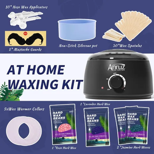 Miniatura 6 de Kit de cera Anruz para mujeres y hombres - Kit de cera para depilación con cuenco de silicona, 4 bolsas de perlas de cera dura y 30 palos - Kit