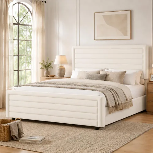 REVOMINCA Armazón de cama tamaño completo (Full Size), plataforma tapizada con cabecera y pie de cama de terciopelo, base de colchón con listones de
