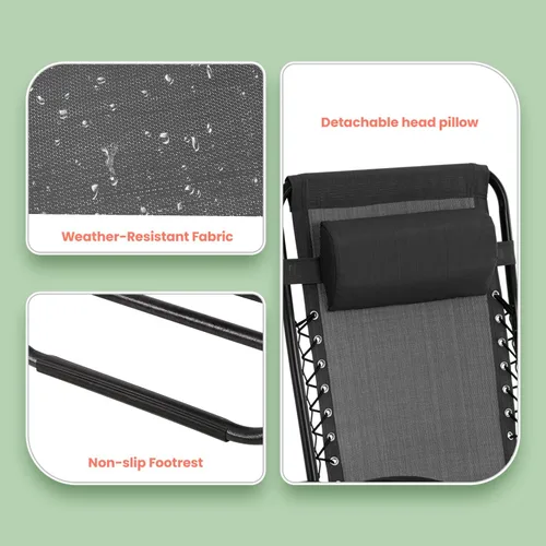 Miniatura 7 de PayLessHere Juego de 2 sillas de descanso ajustables de gravedad cero, silla de playa plegable con almohada extraíble y soporte para tazas