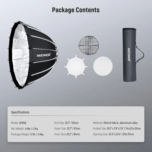 Miniatura 8 de NEEWER Caja de luz parabólica de 33 pulgadas/85cm de instalación rápida y plegado rápido, con difusores/rejilla de panal/bolsa, compatible
