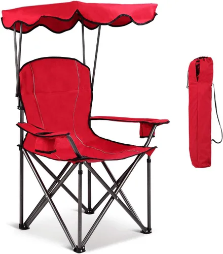 Miniatura 10 de Goplus Silla de camping con toldo plegable, con soporte para sombrilla y bolsa de transporte, silla portátil para adultos para playa, viajes al aire