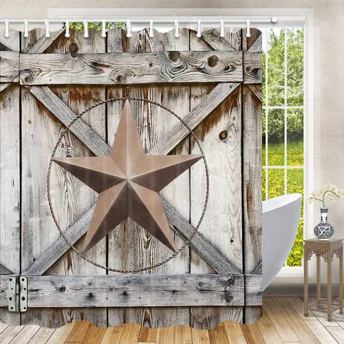 Miniatura 10 de JAWO Western Star - Cortina de ducha de Texas, estrella del oeste de Texas sobre tablero de madera rústica, juego de cortina de ducha con puerta