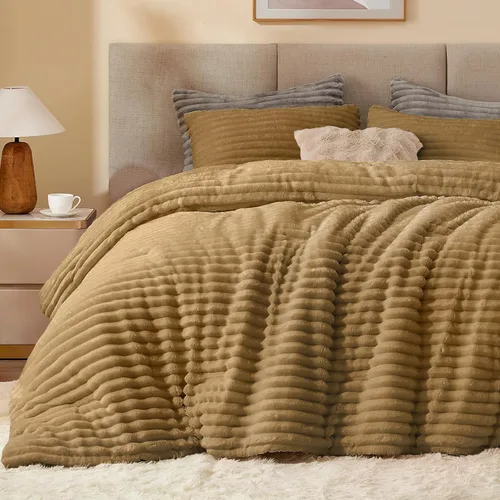 Miniatura 54 de BEDELITE - Juego de edredón de forro polar tamaño individual: ropa de cama supersuave y cálida en color beige, juego de cama de lujo esponjoso