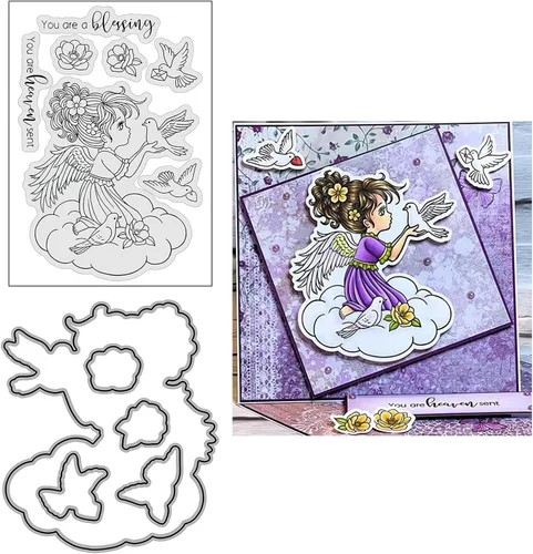 Miniatura 12 de Juego de sellos y troqueles transparentes de ángel para hacer tarjetas, plantillas de corte para álbumes de recortes, álbum de fotos, papel