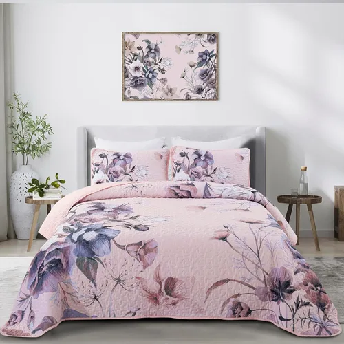 Miniatura 13 de Juego de colcha floral tamaño Queen de 3 piezas, juego de colcha con estampado floral rojo suave de microfibra ligera, cubrecama acolchado negro