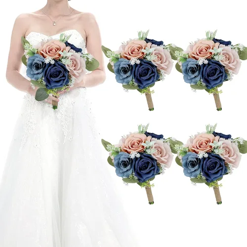 Miniatura 34 de Juego de 4 ramos para dama de honor para boda - Ramos de flores artificiales de 7 pulgadas para decoración de centros de mesa de ceremonia y Azul