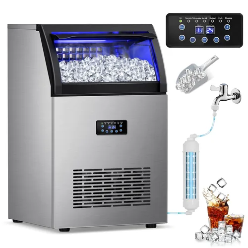 Miniatura 8 de Máquina de hielo comercial 120LBS/24H, máquina de hielo independiente de acero inoxidable, contenedor de almacenamiento de 30 libras, limpieza