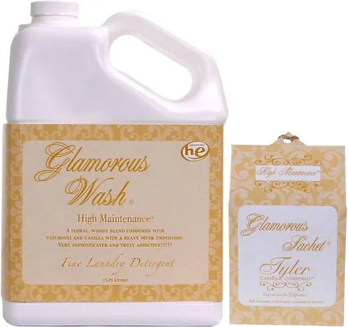 Tyler Candle Glamorous Wash - Detergente para ropa de alto mantenimiento de 128 onzas con paquete de sobres de alto mantenimiento (128 onzas (con