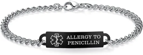 Miniatura 24 de Pulseras de identificación de alerta médica de 6.5 "-8.5" para mujeres, pulseras de emergencia médica de acero inoxidable, grabado gratuito