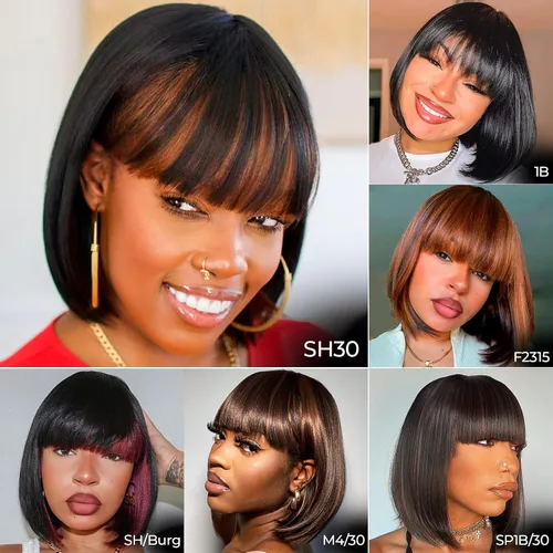 Miniatura 2 de ToyoTress Peek-a-boo Peluca de color Bob con flequillo, 8 pulgadas, mezcla de negro y marrón, pelucas Bob de corte romo, para mujeres negras, SH30