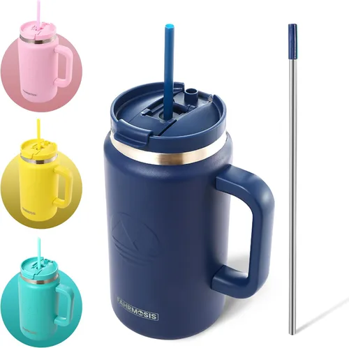 Miniatura 29 de FAHRMOSIS Vaso de 40 onzas con asa y pajita, taza aislada que cabe en el portavasos para bebidas frías y calientes, vaso a prueba de fugas