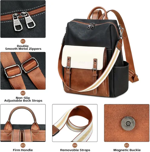 Miniatura 4 de AGLOD Mochila de cuero sintético para mujer, bolsos de viaje de moda para mujer, bolsos de viaje de trabajo de imitación, Beige- negro-marrón