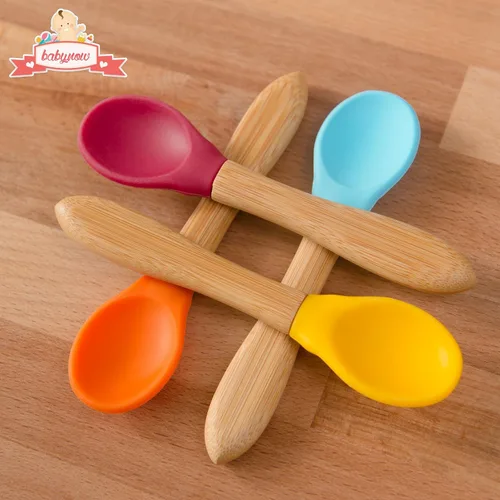 Miniatura 7 de Cucharas de bambú para bebé, paquete de 4 cucharas de destete para niños pequeños, cuchara de silicona con punta suave de mango de bambú, utensilio