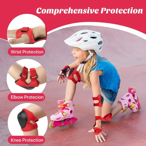 Miniatura 5 de Rodilleras para niños, rodilleras y coderas, conjunto de equipo de protección para niños y niñas con protectores de muñeca 3 en 1 para patinaje, Rojo