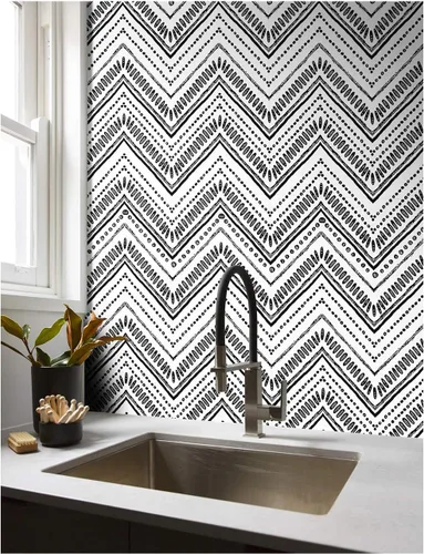 Miniatura 4 de HAOKHOME Papel tapiz con textura geométrica bohemia en blanco y negro, moderno, para decoración de baño, 17.7 pulgadas x 9.8 pies