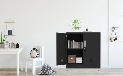 Miniatura 10 de Armario de almacenamiento de metal con puertas de bloqueo y estante ajustable, pequeño aparador con cerradura para el hogar, oficina, entrada, Negro